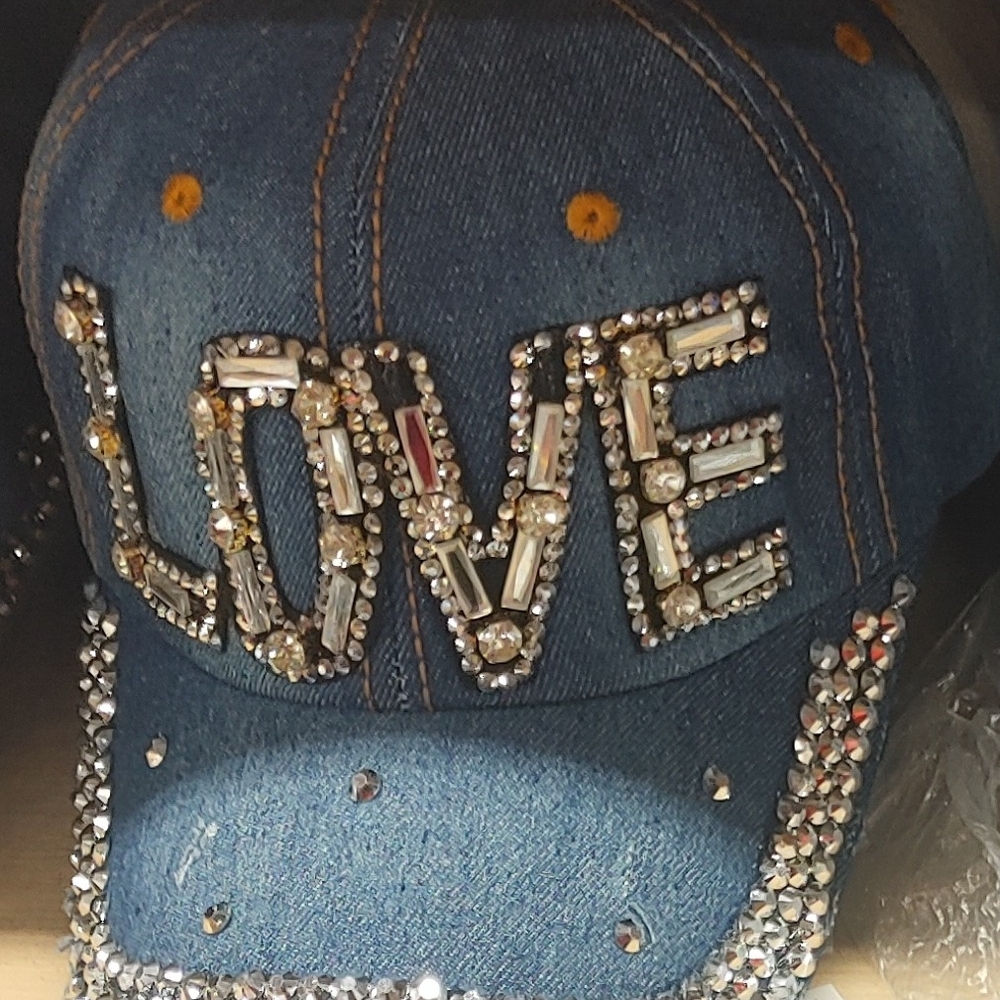 Embellished Denim Cap with LOVE Design